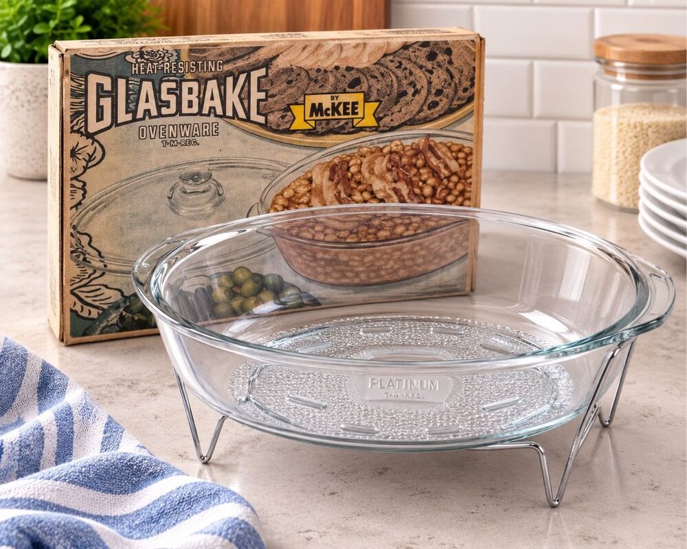 Glassbake Clear Oval 1 Quart Casserole Dish Baking Pan 225 With Lid & Box. Vtg